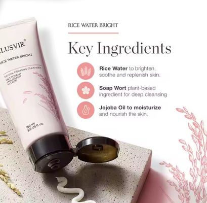 Organic Natural Branqueamento Arroz Água Limpeza Facial Limpeza Facial Limpeza de Marca Privada Cosméticos para Pele Seca Oleosa Limpeza em espuma